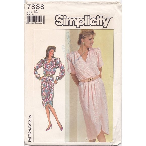 UNCUT Sewing PATTERN Simplicity 7888, Misses 1986 Front Mock Wrap Dress, Size 14 - Picture 1 of 2